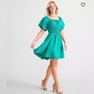 Willow & Root Puff Sleeve Babydoll Dress Emerald Green  Women Size Small